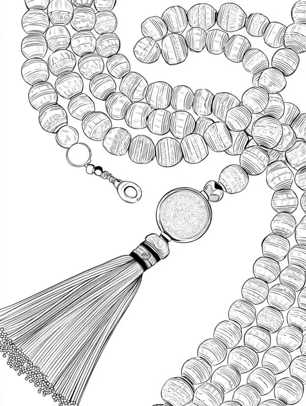 Tassel prayer bead necklace, realistic illustration style — free printable jewelry coloring book page