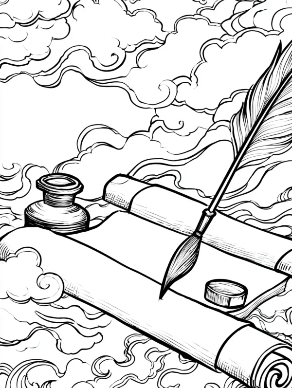 Scroll, quill pen and ink bottle surrounded by chinese cloud patterns — free printable stationery coloring book page