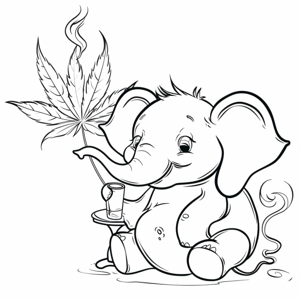 Cartoon elephant holding a cannabis leaf and a cup, cartoon style — free printable parody coloring book page