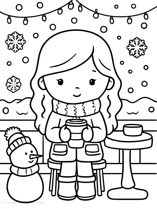 Cute winter girl holding hot drink, with a snowman beside her — free printable daily leisure coloring book page