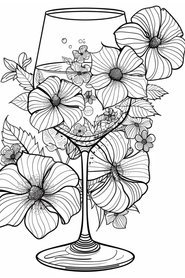 Wine glass surrounded by various flowers and leaves, line art style — free printable beverages coloring book page