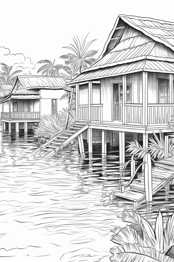 Stilt houses on water, sketch style — free printable southeast asia coloring book page