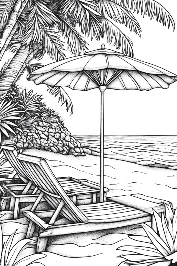 Beach leisure scene with lounge chairs and beach umbrella, tropical palm trees — free printable tropical coloring book page