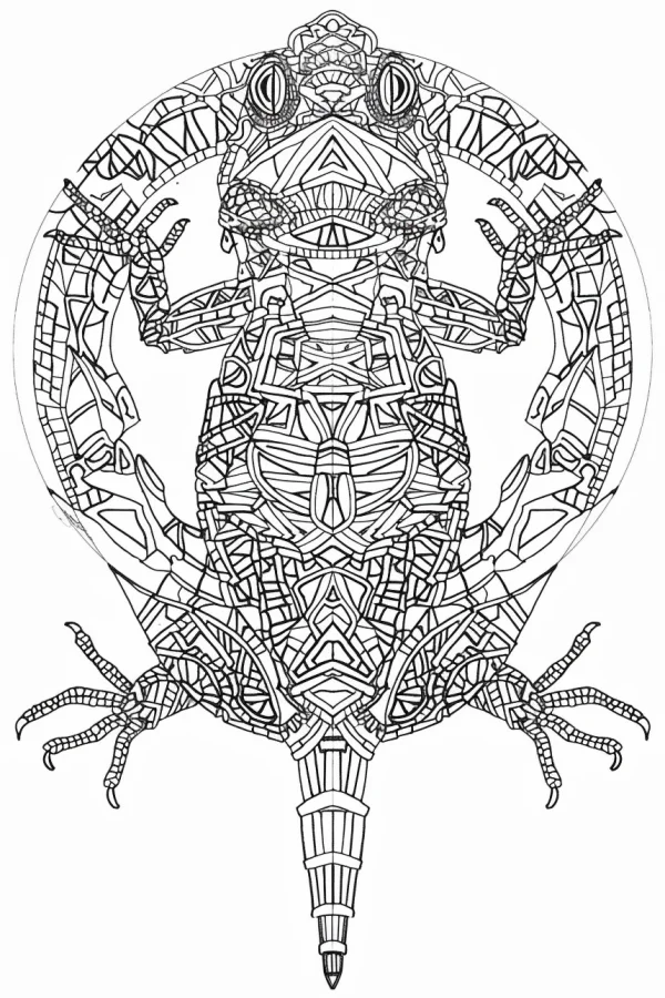 Geometric style lizard, zentangle art — free printable reptiles coloring book page