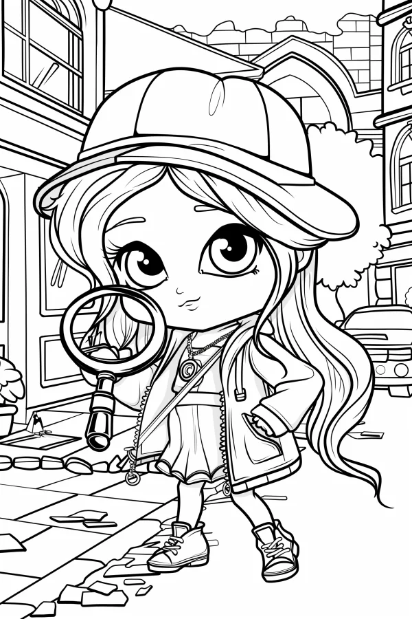 Cartoon little detective girl with magnifying glass, cartoon style — free printable detective coloring book page
