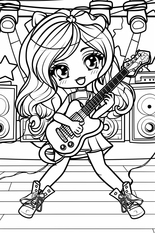 Cat-eared girl playing electric guitar on a stage, cartoon style — free printable stage performance coloring book page