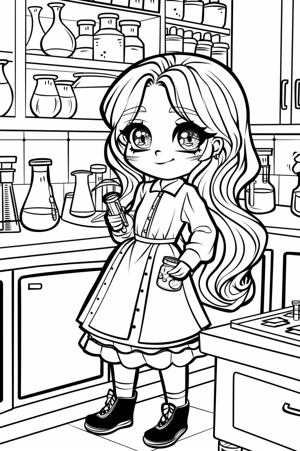 Cartoon girl scientist in laboratory, holding test tube and specimen jar — free printable laboratory coloring book page