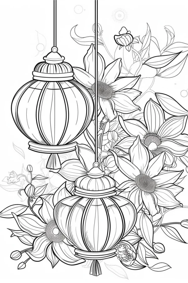 Traditional chinese lanterns surrounded by blooming flowers and buds, chinese style — free printable mid-autumn festival coloring book page