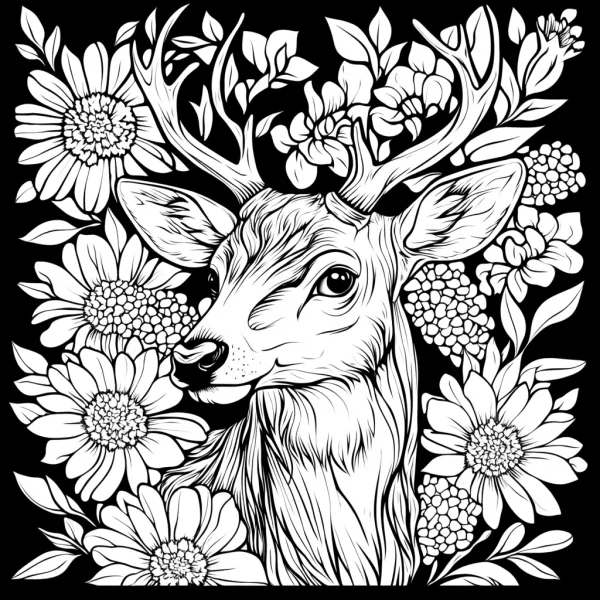 Deer head surrounded by daisies and various flowers, illustration style — free printable mammals coloring book page