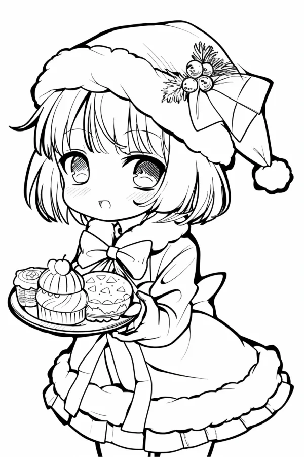 Cute chibi christmas girl holding a tray of cupcakes and desserts, cartoon style — free printable cartoon characters coloring book page