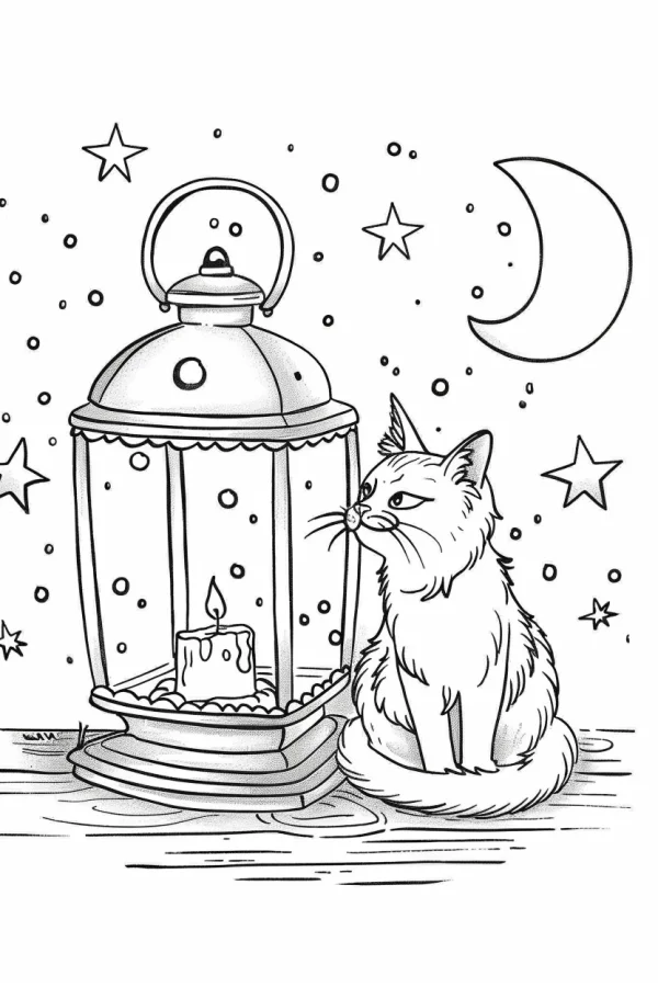 Candle lantern with sitting cute cat, cartoon style — free printable cozy daily life coloring book page