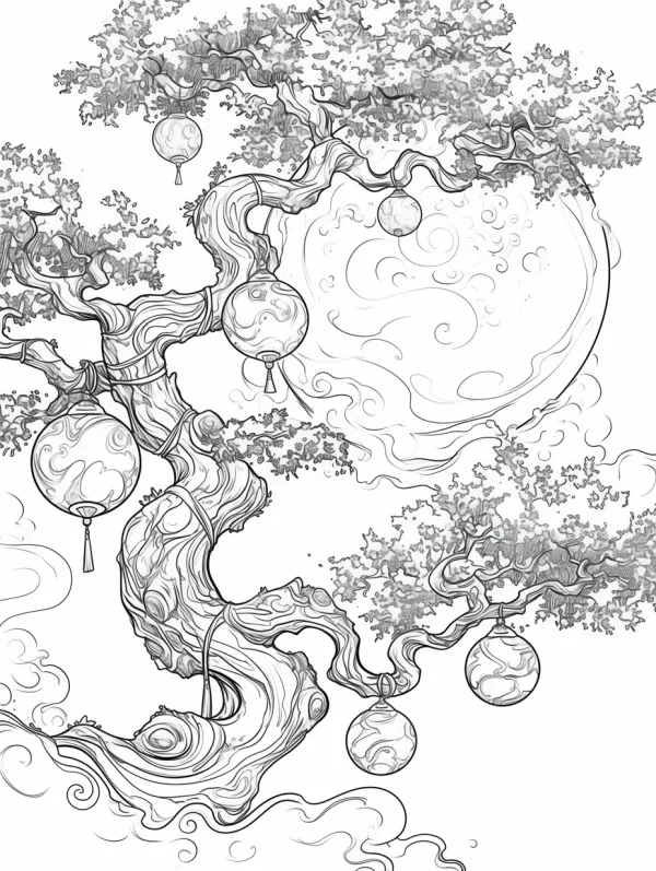 Coloring book page, ancient chinese old tree with hanging lanterns and full moon — free printable mid-autumn festival coloring book page