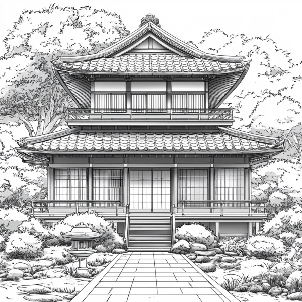 Two-story traditional japanese building in a serene garden, japanese style — free printable traditional architecture coloring book page