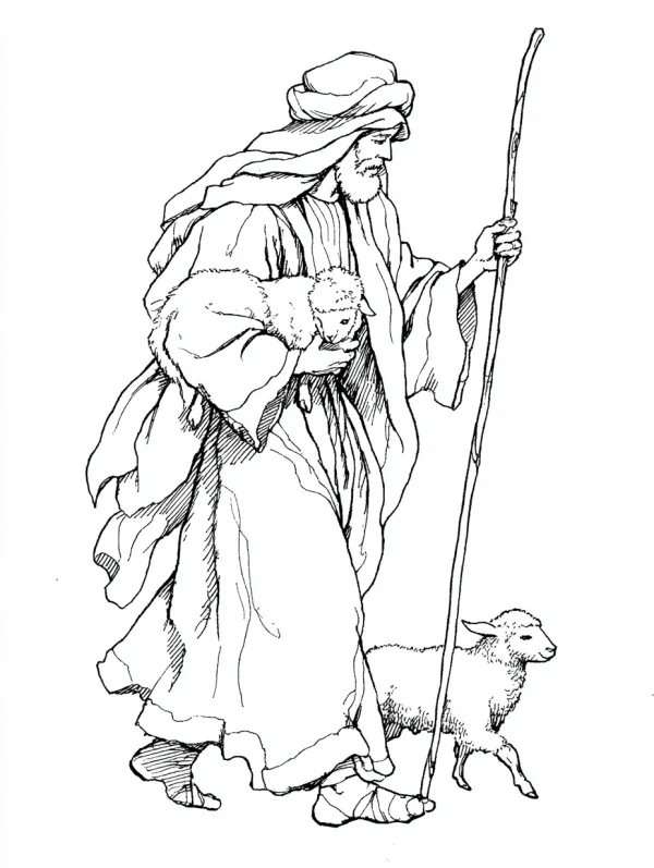 Shepherd holding a lamb with another lamb beside him, realistic sketch style — free printable religious stories coloring book page