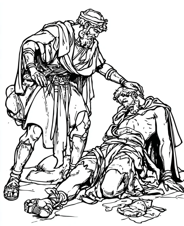 Ancient greek warrior helping injured comrade, classical european style — free printable historical scene coloring book page