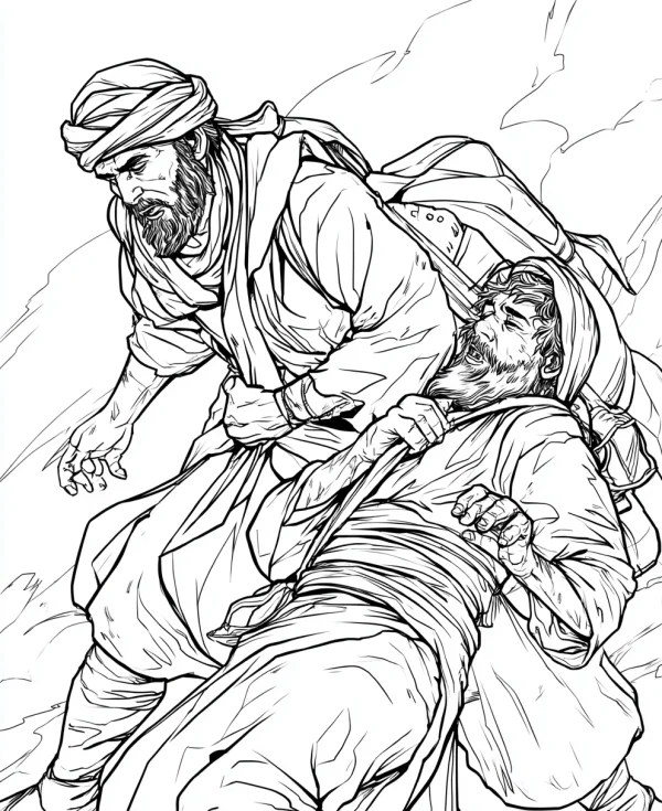 Two middle eastern men supporting each other, realistic line art style — free printable middle eastern culture coloring book page