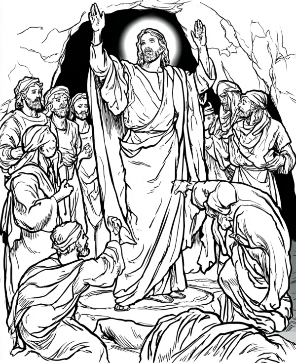 Jesus with halo and surrounding disciples, realistic illustration style — free printable bible scene coloring book page