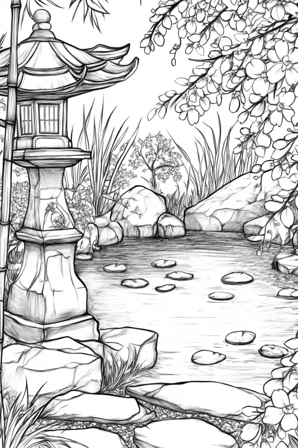 Coloring book page, japanese stone lantern in tranquil garden pond scene — free printable gardens coloring book page