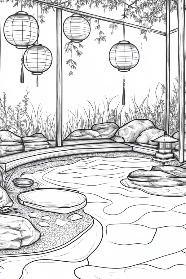 Japanese rock garden with hanging paper lanterns and stone lantern, japanese style — free printable gardens coloring book page