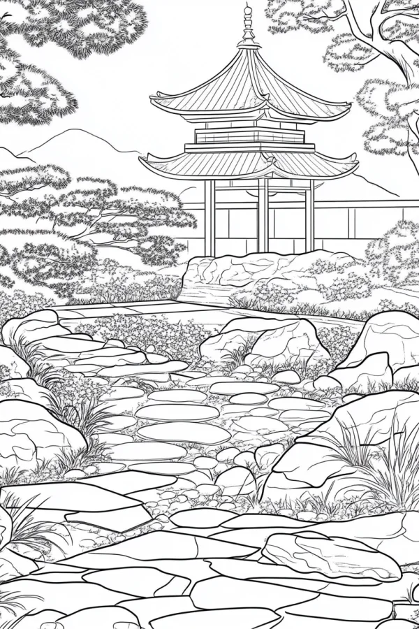 Chinese garden pavilion landscape, chinese style — free printable gardens coloring book page
