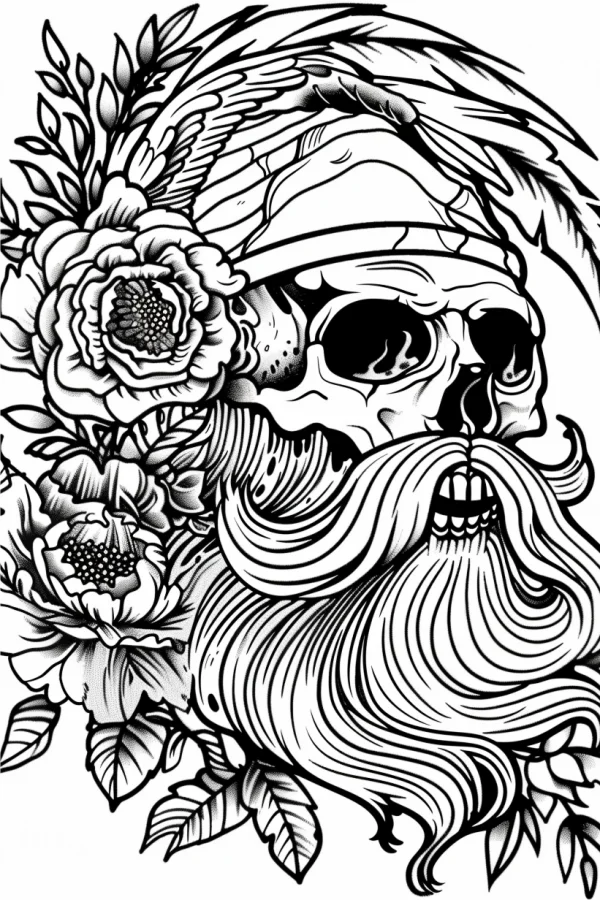 Viking bearded skull with peonies and leaves, gothic and nordic style — free printable nordic culture coloring book page