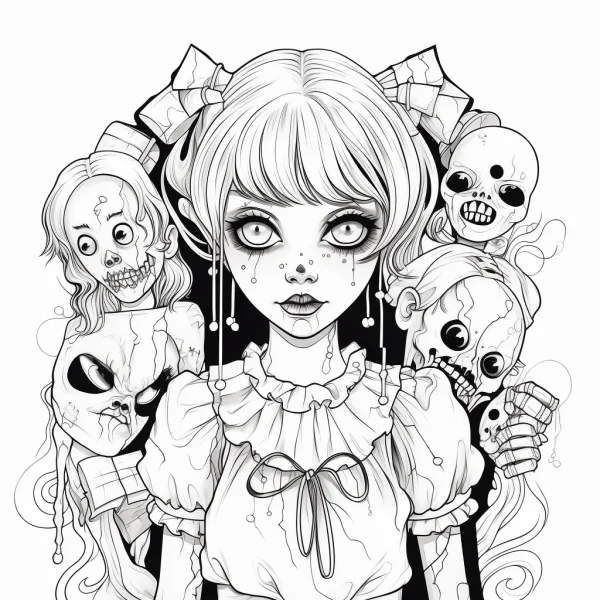 Spooky dark girl surrounded by creepy dolls and skulls, gothic art style — free printable dark fantasy coloring book page