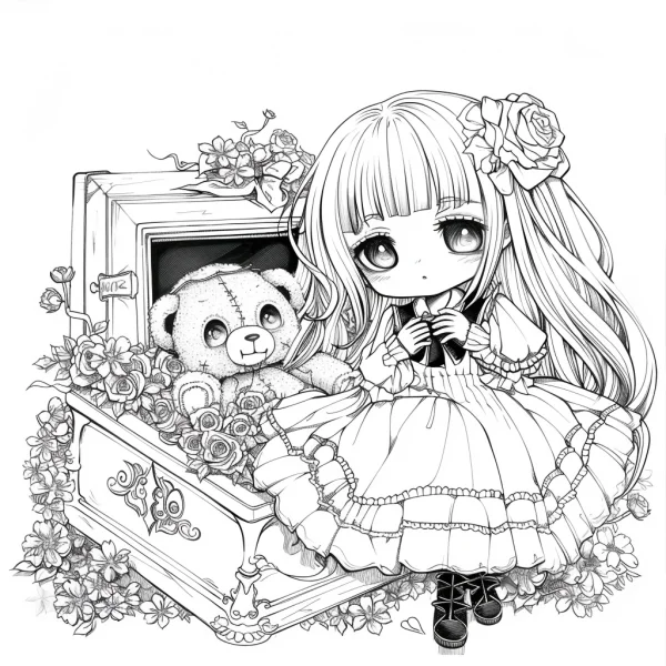 Cute lolita long-haired girl with a stitched teddy bear in an ornate vintage chest, surrounded by roses and vines — free printable toys coloring book page
