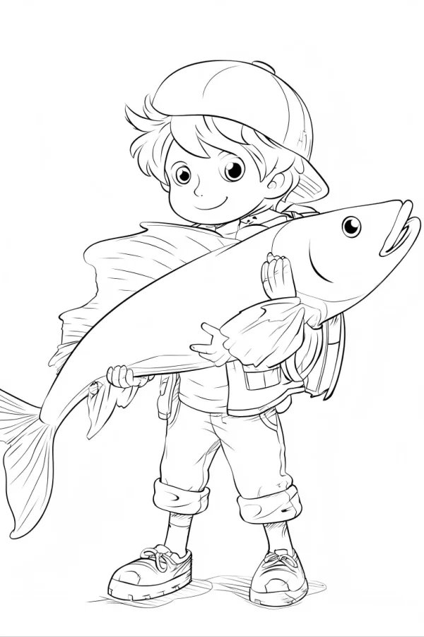 Boy holding a big fish, cartoon style — free printable fishing coloring book page