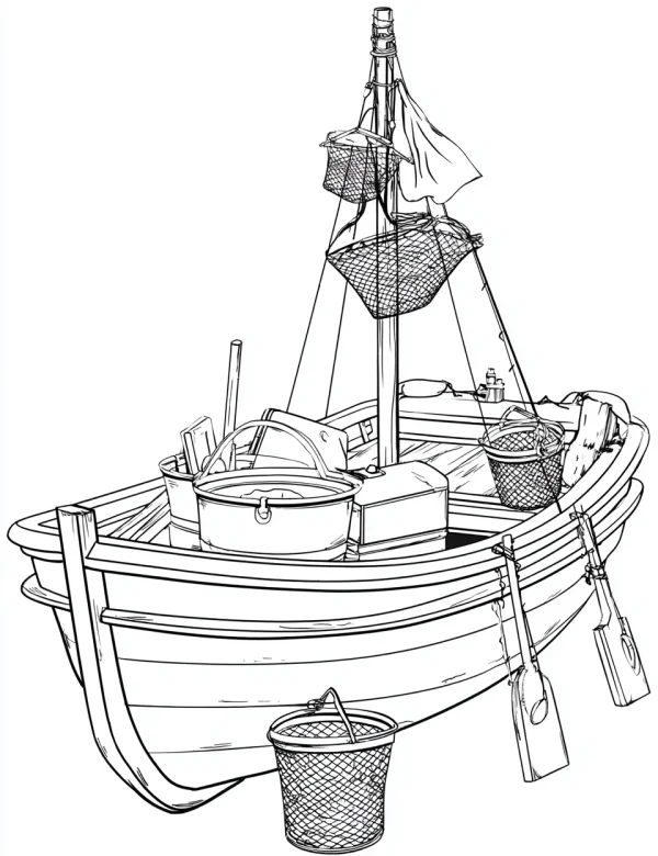 Small fishing boat with wire baskets and metal buckets, realistic style — free printable fishing coloring book page