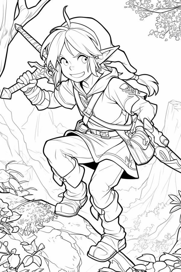 Sword-wielding elf adventurer, cartoon anime style — free printable games coloring book page