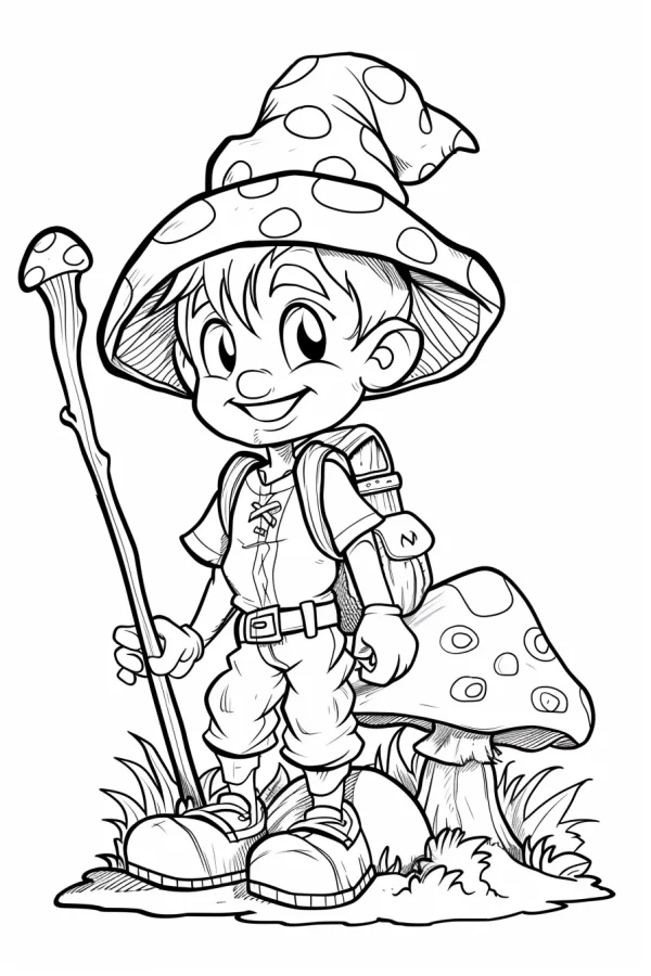 Cute elf kid with mushroom hat, cartoon style — free printable hiking coloring book page