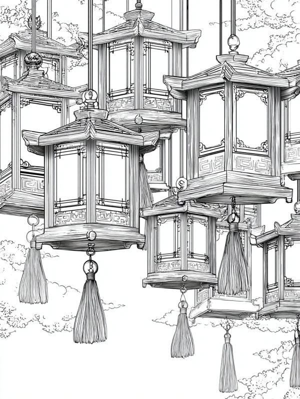 Traditional chinese palace lanterns, chinese style — free printable spring festival coloring book page