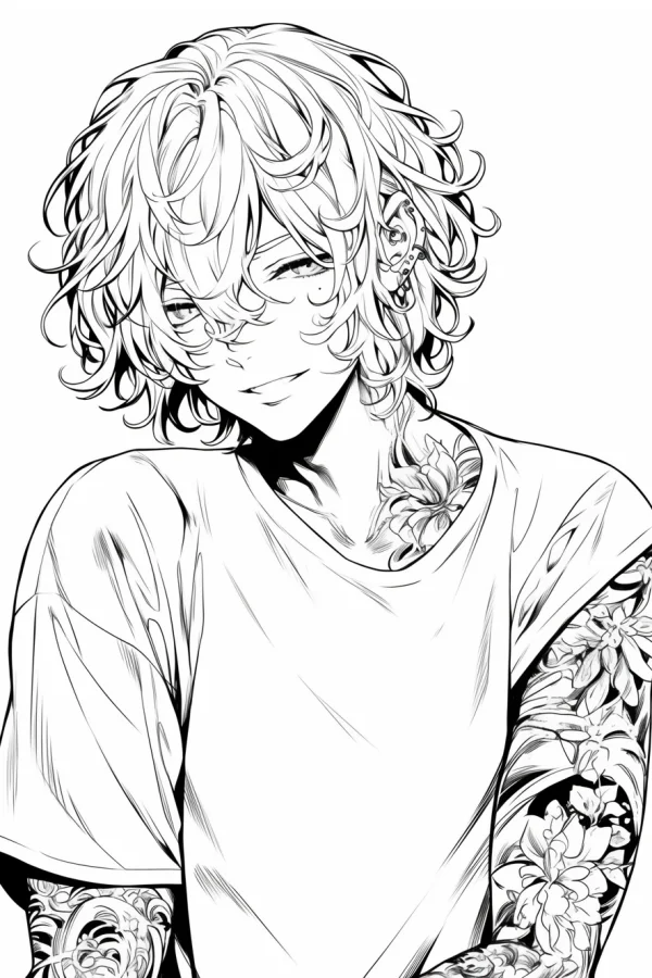 Curly-haired boy with floral tattoos on arms and neck, anime style — free printable tattoo coloring book page