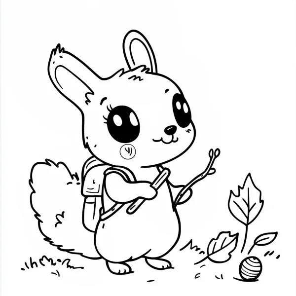 Cute cartoon squirrel with backpack, holding a twig — free printable hiking coloring book page