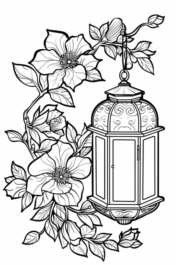 Vintage lantern wrapped with blooming flowers, vines and leaves — free printable living items coloring book page