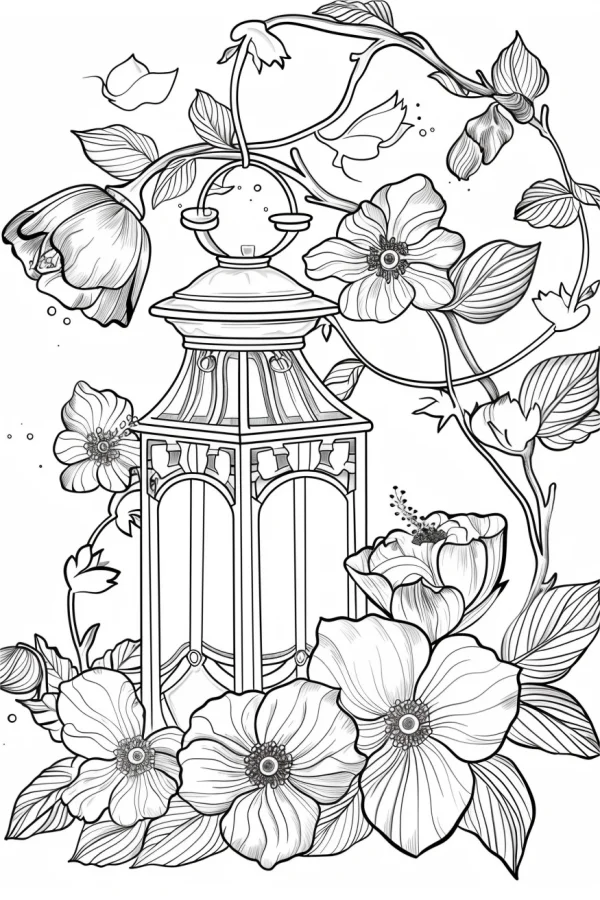 Vintage lantern surrounded by blooming flowers, buds and vines — free printable living items coloring book page