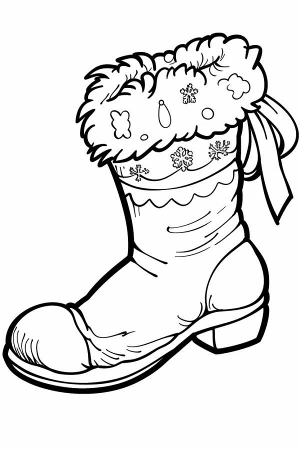 Fluffy winter boot with decorative snowflakes, bow and butterfly patterns — free printable clothing coloring book page