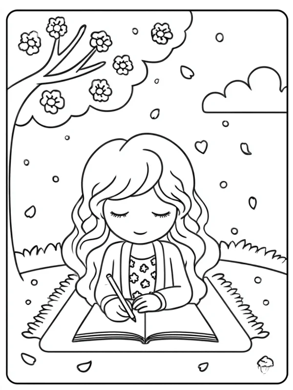Curly-haired girl writing in an open book outdoors, cartoon style — free printable coloring page