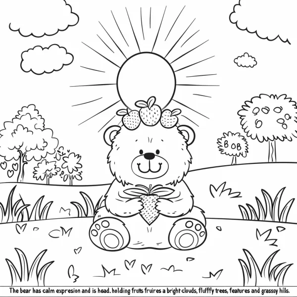 Coloring book page, cute teddy bear holding a strawberry with strawberries on its head — free printable cozy daily life coloring book page