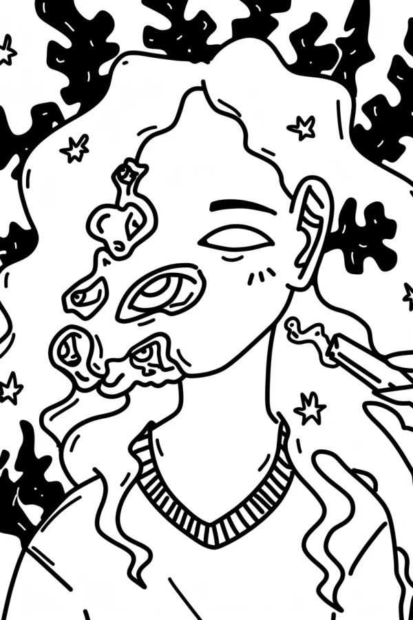 Surreal weird face with multiple eyes, cartoon style — free printable surreal coloring book page