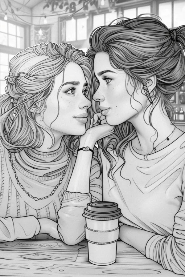 Two close female friends in a cozy cafe, realistic illustration style — free printable daily leisure coloring book page