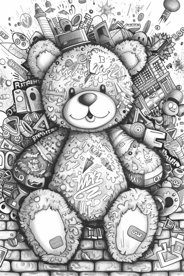 Graffiti-style teddy bear, urban graffiti art style — free printable toys coloring book page