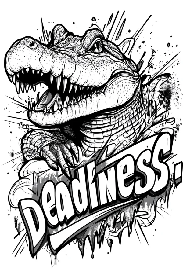 Fierce alligator with sharp teeth and claws, graffiti art style — free printable graffiti art coloring book page