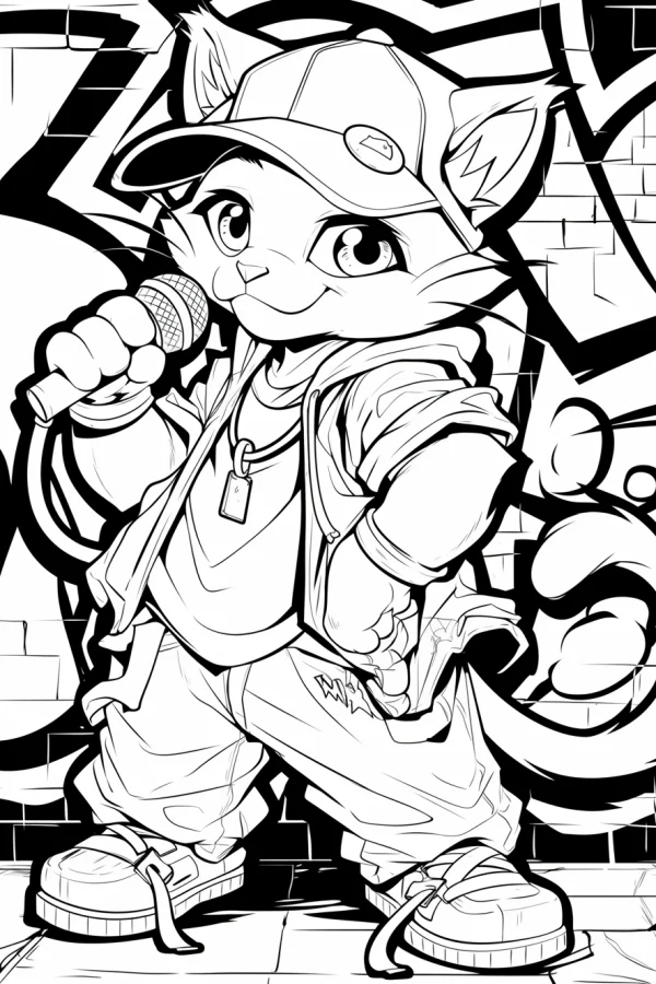 Hip-hop anthropomorphic cat wearing baseball cap and streetwear, holding a microphone — free printable hip hop coloring book page