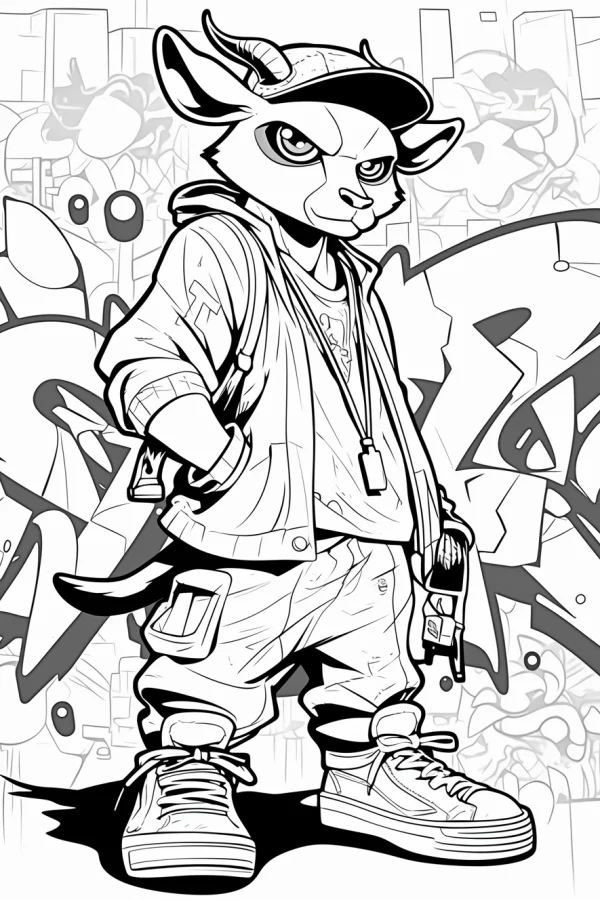 Street-style cool anthropomorphic goat, cartoon graffiti art style — free printable street fashion coloring book page