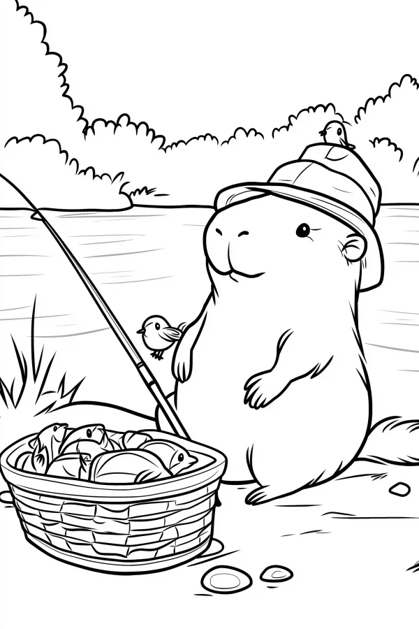 Cute beaver wearing a fisherman's hat, cartoon style — free printable fishing coloring book page