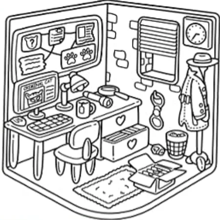 Detective-style cozy studio scene, cartoon style — free printable detective coloring book page