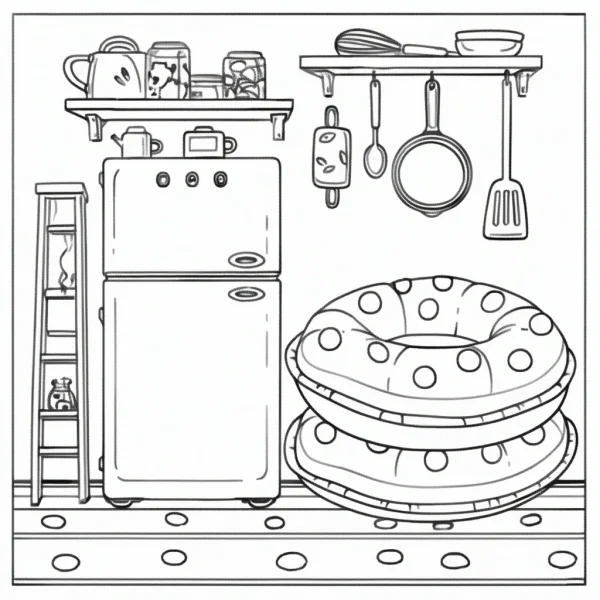 Kitchen scene with stacked giant polka dot donuts, cartoon style — free printable kitchen coloring book page