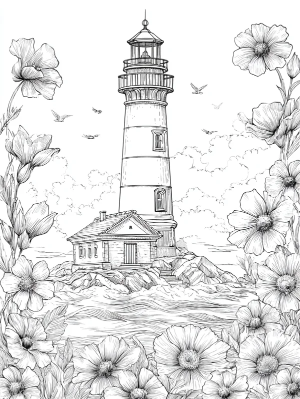 Seaside lighthouse with a small cottage, realistic line art style — free printable scene theme coloring book page