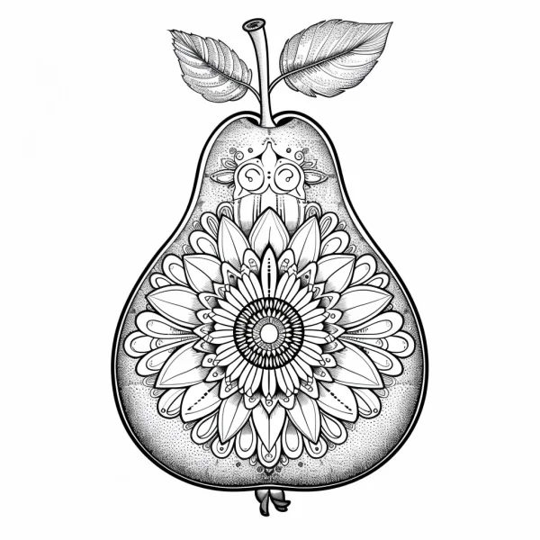 Coloring book page, pear-shaped mandala pattern with stem and leaves — free printable mandala art coloring book page